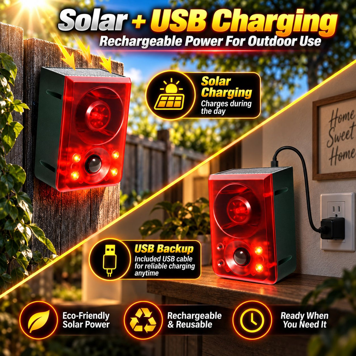 Solar Outdoor Motion Sensor Alarm - Dog Barking & Gunshot Sound, Support Recording and Volume Adjustment, 130dB Noise with Flashing Light to Deter Raccoon, Deer, Skunk, Bear, Coyote