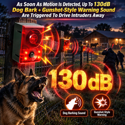 Solar Outdoor Motion Sensor Alarm - Dog Barking & Gunshot Sound, Support Recording and Volume Adjustment, 130dB Noise with Flashing Light to Deter Raccoon, Deer, Skunk, Bear, Coyote