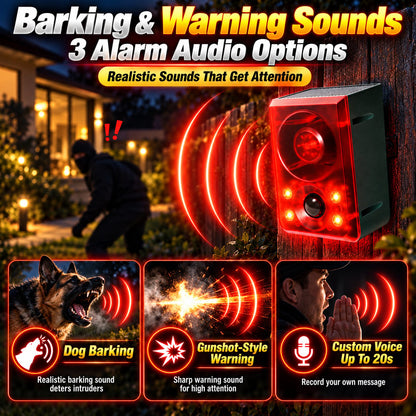 Solar Outdoor Motion Sensor Alarm - Dog Barking & Gunshot Sound, Support Recording and Volume Adjustment, 130dB Noise with Flashing Light to Deter Raccoon, Deer, Skunk, Bear, Coyote