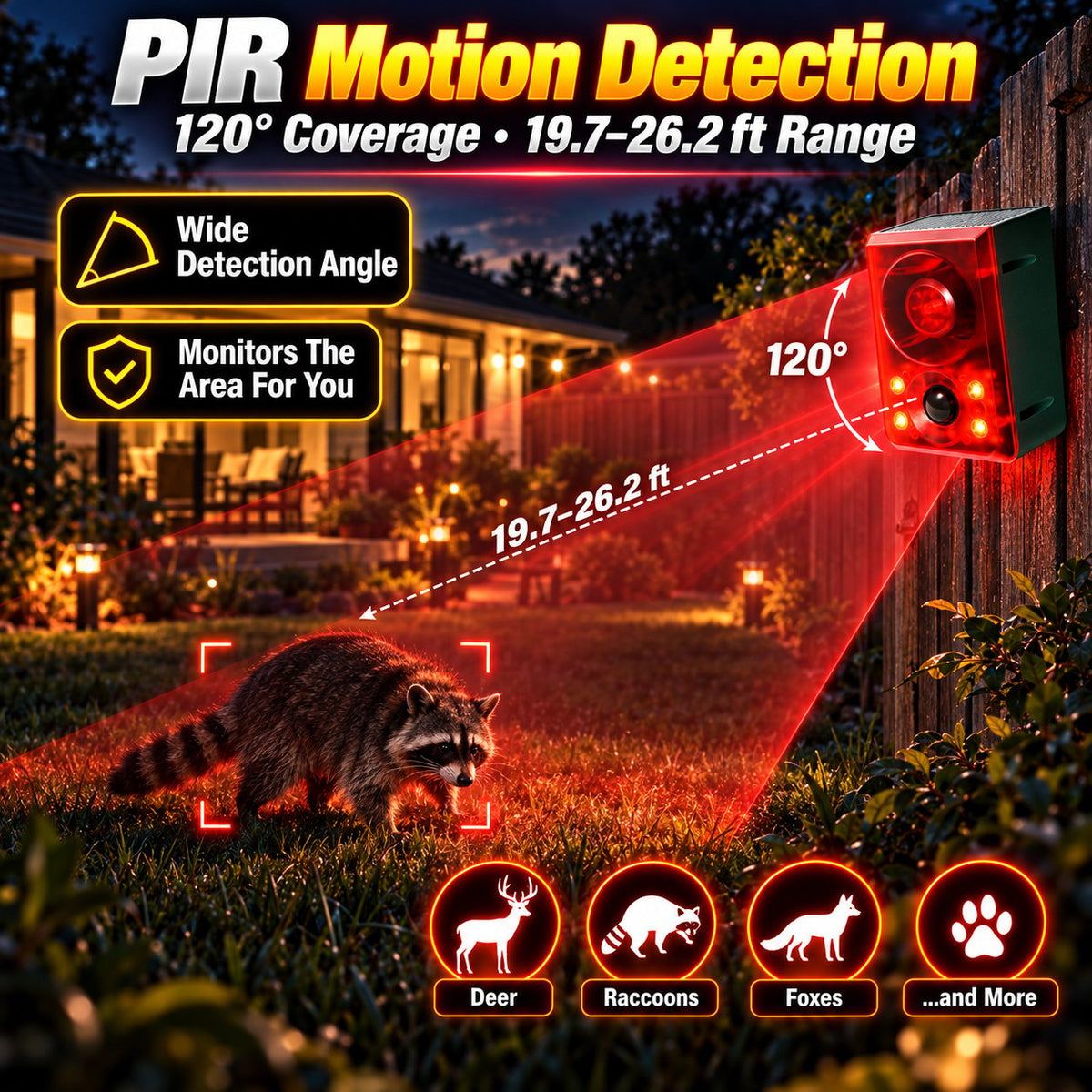 Solar Outdoor Motion Sensor Alarm - Dog Barking & Gunshot Sound, Support Recording and Volume Adjustment, 130dB Noise with Flashing Light to Deter Raccoon, Deer, Skunk, Bear, Coyote