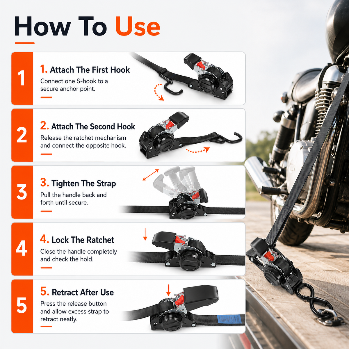 Dual-end Retractable Ratchet Tie Down Straps