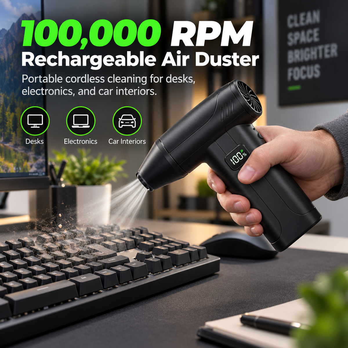 100,000 RPM Rechargeable Cordless Air Duster With LED Light & Battery Display