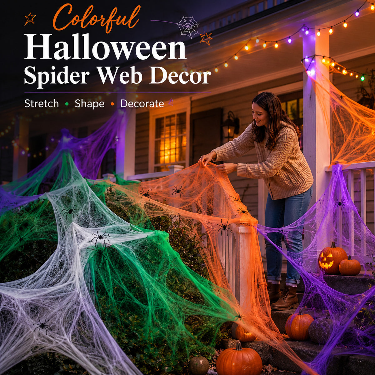 Realistic Halloween Spider Web Decoration with Spiders