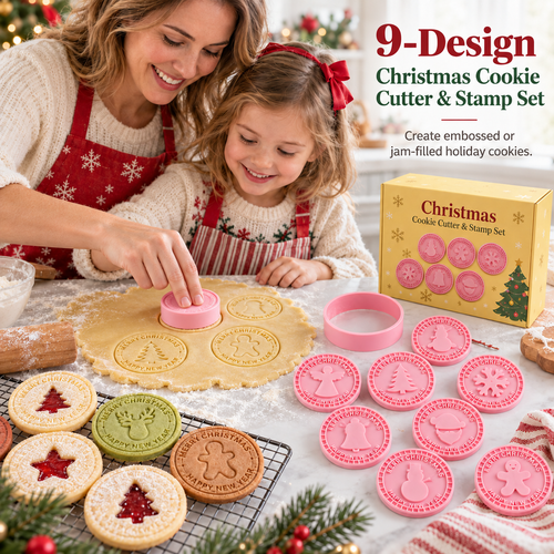 9-Design Christmas Cookie Cutter & Stamp Set – 6 cm Embossing Molds for Plain or Jam-Filled Holiday Cookies