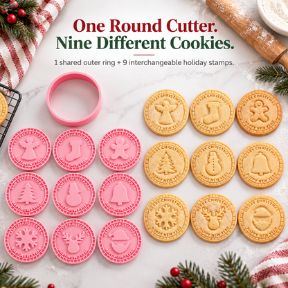 9-Design Christmas Cookie Cutter & Stamp Set – 6 cm Embossing Molds for Plain or Jam-Filled Holiday Cookies