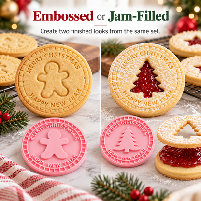 9-Design Christmas Cookie Cutter & Stamp Set – 6 cm Embossing Molds for Plain or Jam-Filled Holiday Cookies