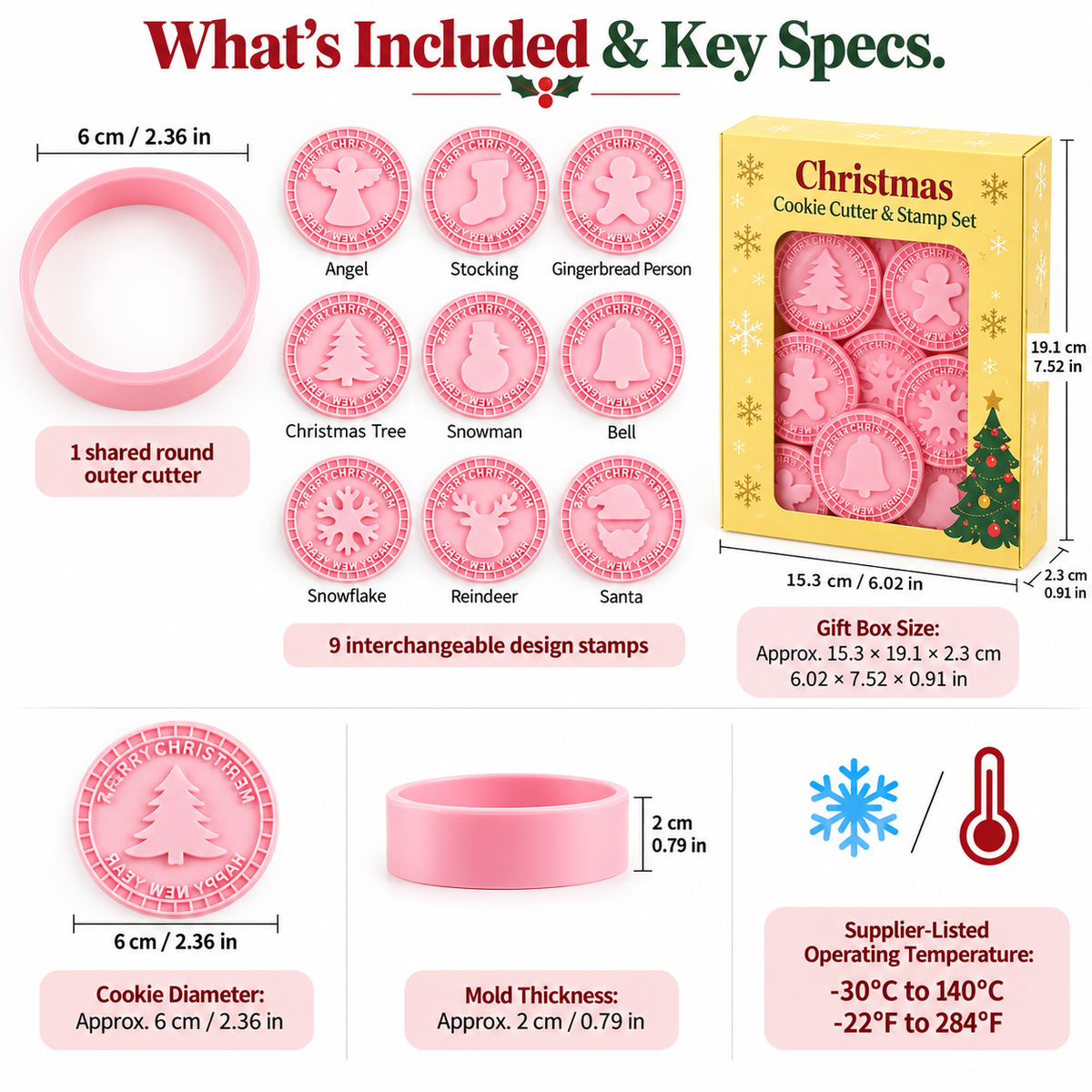 9-Design Christmas Cookie Cutter & Stamp Set – 6 cm Embossing Molds for Plain or Jam-Filled Holiday Cookies