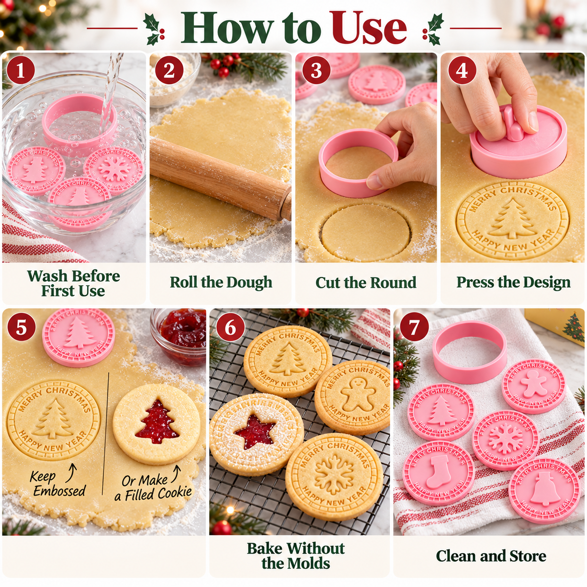 9-Design Christmas Cookie Cutter & Stamp Set – 6 cm Embossing Molds for Plain or Jam-Filled Holiday Cookies