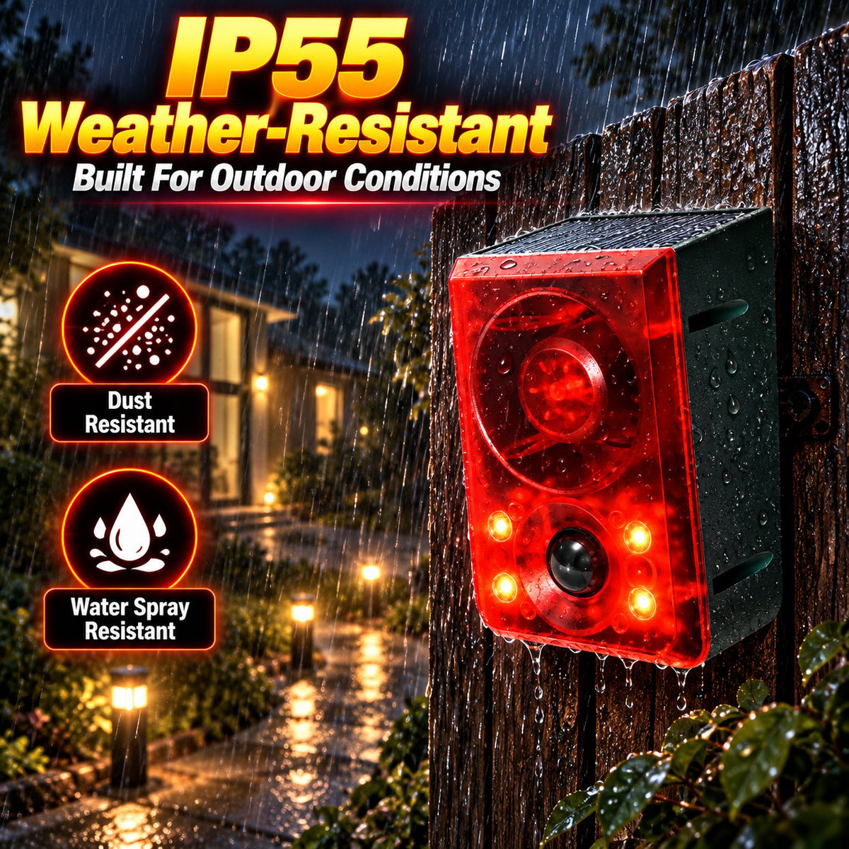 Solar Outdoor Motion Sensor Alarm - Dog Barking & Gunshot Sound, Support Recording and Volume Adjustment, 130dB Noise with Flashing Light to Deter Raccoon, Deer, Skunk, Bear, Coyote