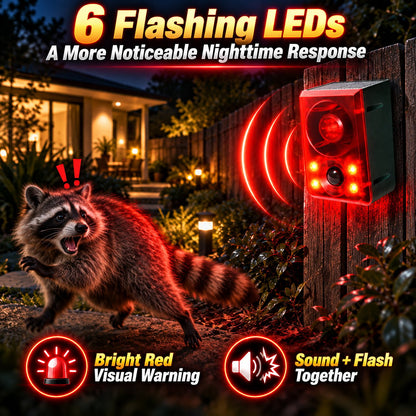 Solar Outdoor Motion Sensor Alarm - Dog Barking & Gunshot Sound, Support Recording and Volume Adjustment, 130dB Noise with Flashing Light to Deter Raccoon, Deer, Skunk, Bear, Coyote